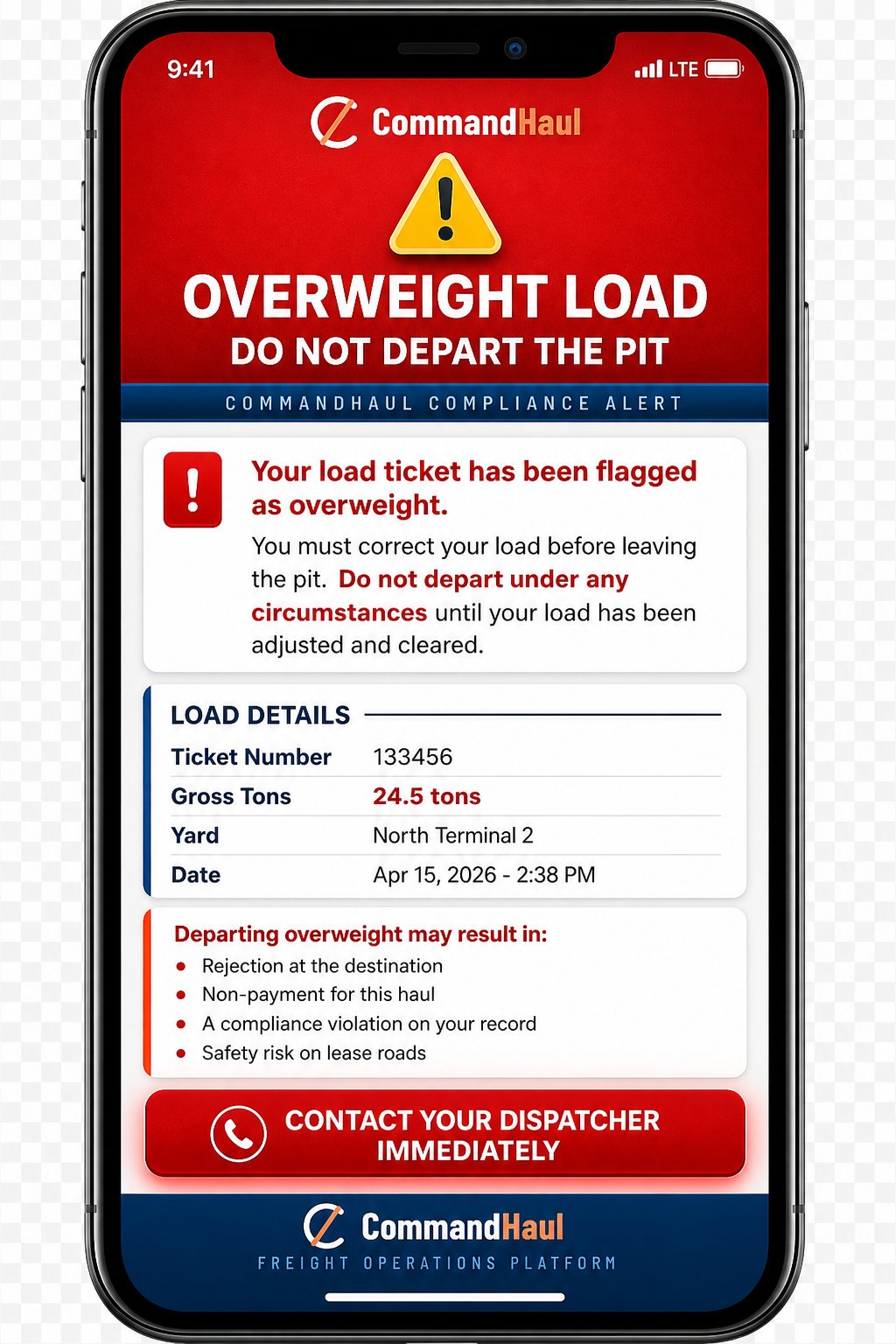 CommandHaul — overweight load alert, departure blocked